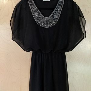 Honey Punch Flowy Black Dress with Beaded Collar